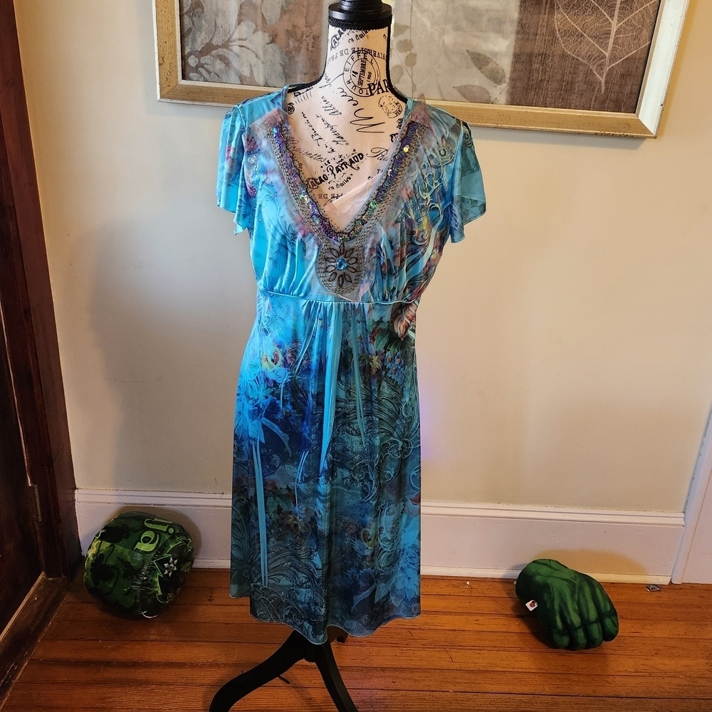 New Directions Blue and Green Patterned Dress